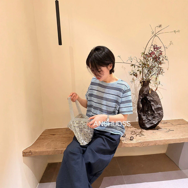 Spring and Summer Watercolor Holiday Sailor Shirt Japanese Washi Special Blend Dyed Yarn Dry and Non-Sticky Linen-Feel Short-Sleeve T-Shirt Spring and Summer Watercolor Holiday Sailor Shirt Japanese Washi Special Blend Dyed Yarn Dry and Non-Sticky Linen-Feel Short-Sleeve T-Shirt