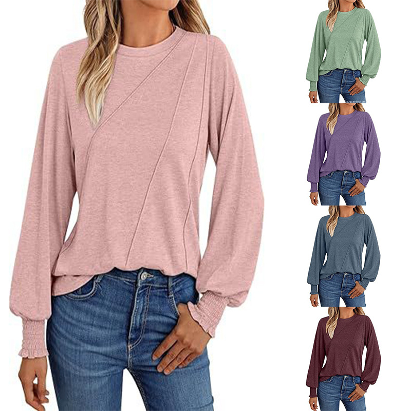 亚马逊2025新款欧美跨境女装纯色圆领长袖宽松T恤褶皱休闲上衣女