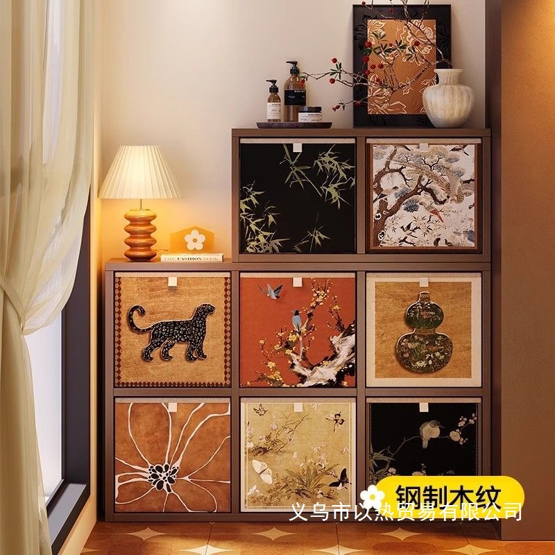 2025 New Steel Wood Grain Plaid Cabinet Floor Cabinet Study Bedroom Storage Cabinet Free Combination Bookcase Storage Cabinet