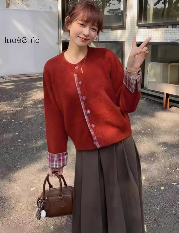 假两件格子拼接针织开衫女秋冬季软糯毛衣外套内穿搭灰色正肩上衣|undefined