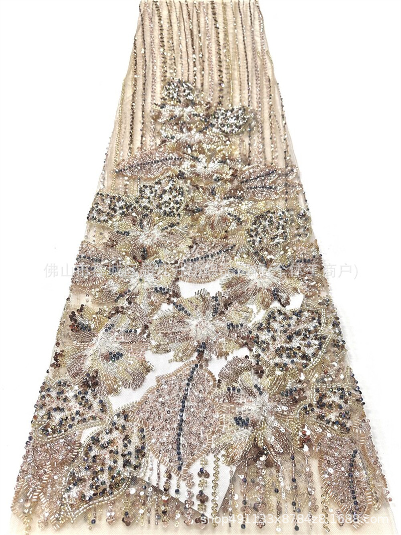 Flores tridimensionales hoja de clavos de cuentas bordadas tela de vestido de boda fabricantes de diseño de cuentas de diseño de tela de bordado de tubería pesada image 6