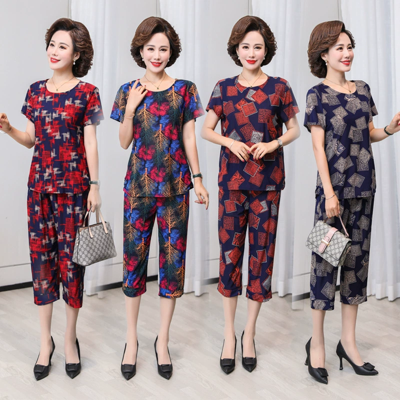Толстый большой размер женская свободная одежда с короткими рукавами, брюки из двух частей, летняя новая женская средняя и пожилая тетя набор