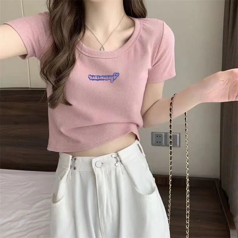 Ice Silk Ribbed Short-Sleeve T-Shirt for Women, High-Waisted Short Top with Lotus Root Pink Letter Print, Stylish T-Shirt for Women, Popular T-Shirt