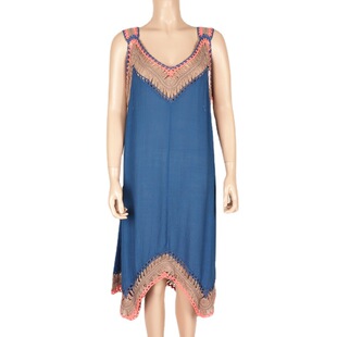 New Hot Spot Cross-border Blue One Size Hand Hook Wool Yarn and Slub Cotton Camisole Sleeveless Beach Long Dress