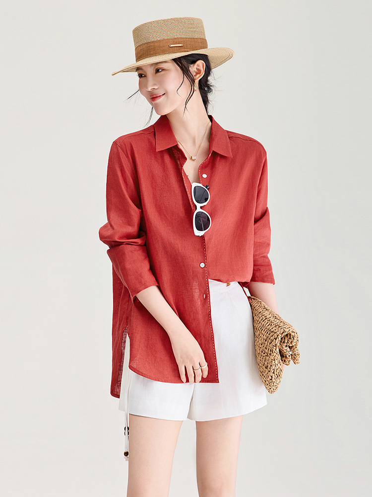 Áo sơ mi nữ linen chất lượng cao, phong cách cổ điển thư giãn, dáng rộng mùa hè — Đỏ Vermilion