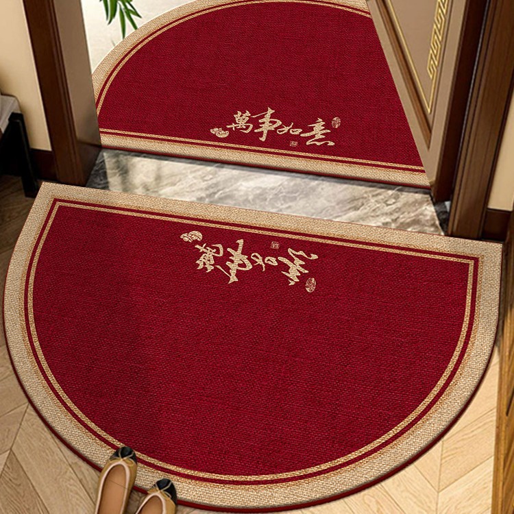 Semi-Circular Printed Entrance Door Floor Mat, High-End Water-Absorbent Anti-Slip Mat, Entrance Area Red Door Mat, Stain-Resistant Crystal Velvet Carpet