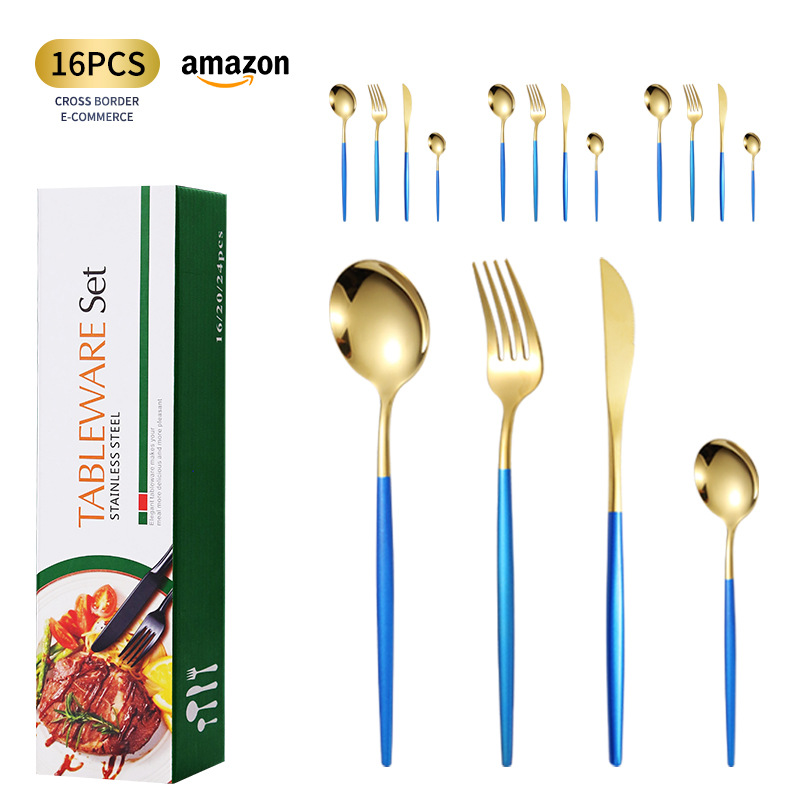 Vajilla de acero inoxidable transfronterizo Amazon 16 piezas conjunto tenedor y cuchara comida occidental Portugal cuatro piezas conjunto cuchillo, tenedor y cuchara traje regalo