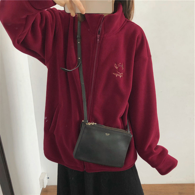 European and American Aliexpress Autumn and Winter Loose Casual Warm Cartoon Embroidered Stand Collar Zipper Jacket Long-Sleeved Jacket