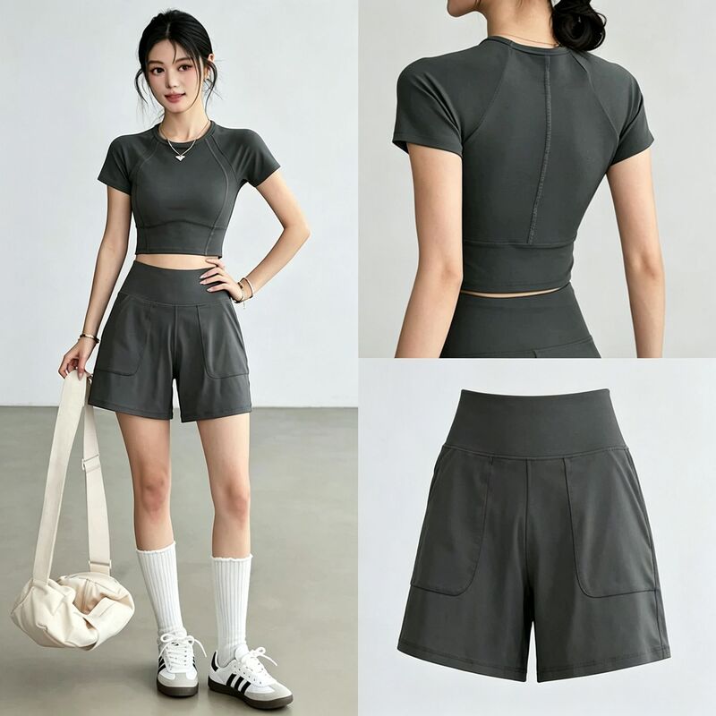 High-end gray raglan short-sleeve cropped fitness T-shirt with high-waisted side pocket quick-dry loose sports shorts two-piece set