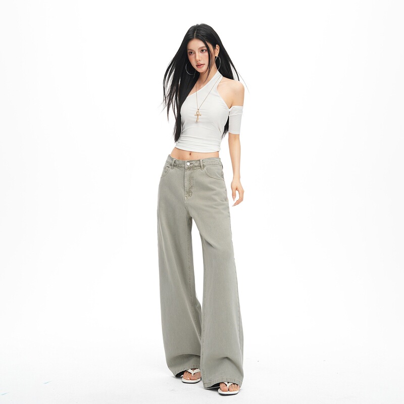 26 Years of New Spring and Summer Styles, Low Saturation Active Dyeing, Washed High-Waisted Loose Straight-Leg Jeans for Women, Wangyoulin