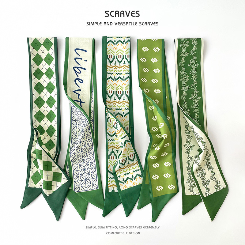 Long Silk Scarf for Women 2025 New Korean Style High-End Green Summer Thin Silk Scarf Hair Tie Silk Scarf Headband