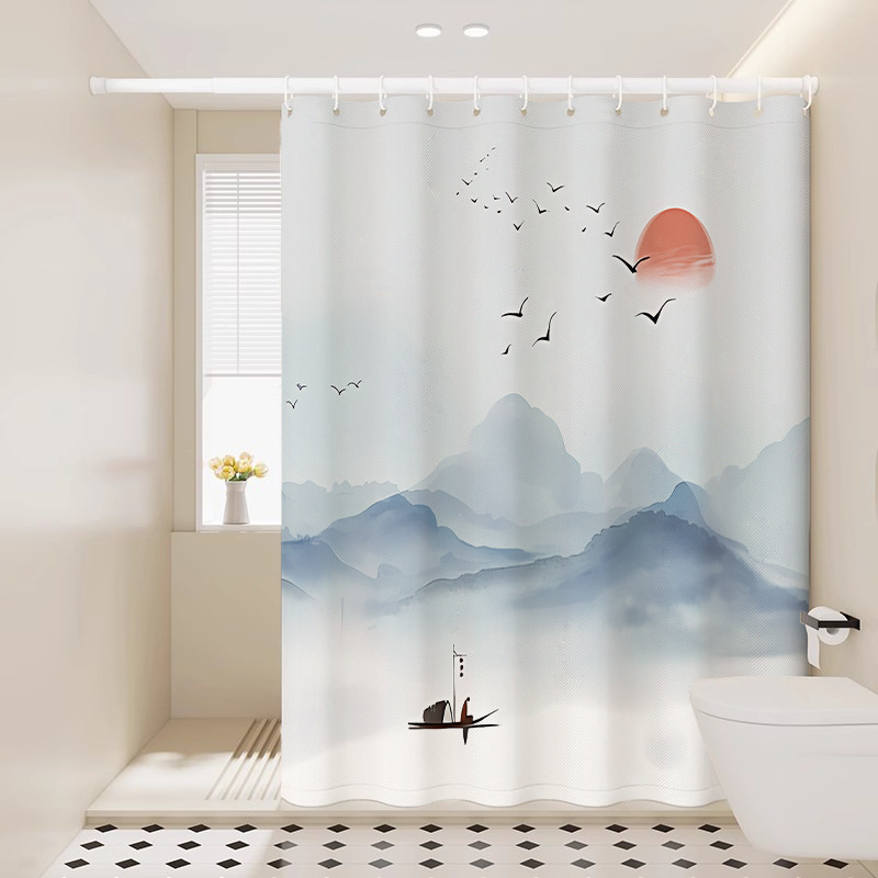 Chinese Style Landscape Painting Series Bathroom Shower Curtain Set Bath Toilet Curtain Free Punch Partition Shower Curtain
