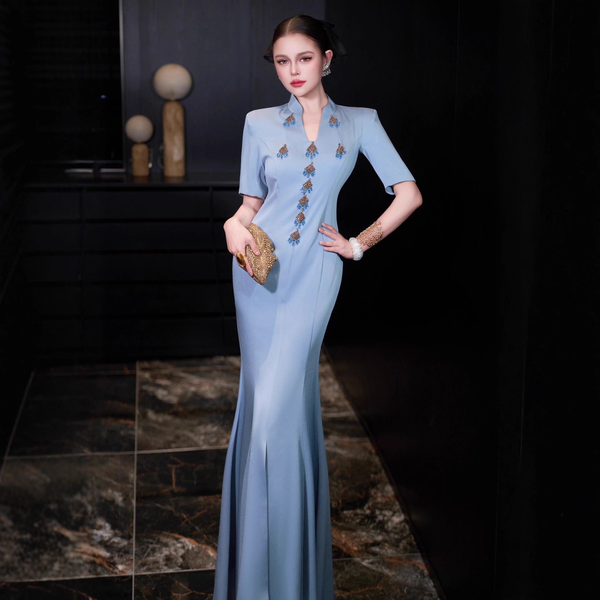 Haze Blue Stand-Up Collar Beaded Tassel Dress Short-Sleeved Waist Fishtail Long Skirt Elegant Lady Banquet Evening Dress