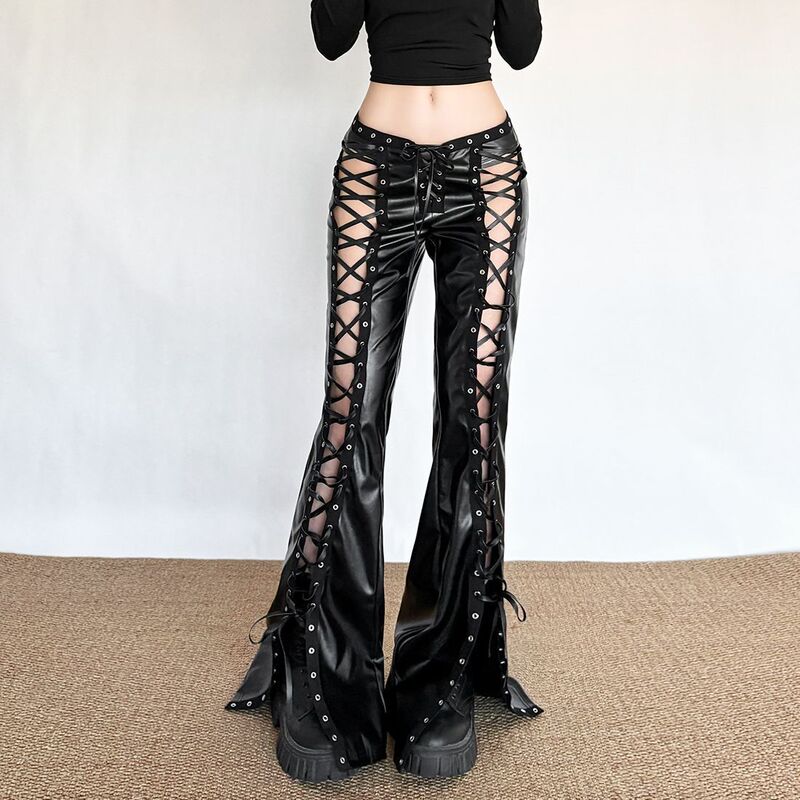 American-Style Hot Dance Hollow-Out Lace-Up Design Flared Leather Casual Pants for Women with a Unique Design, Slimming Long Pants American-Style Hot Dance Hollow-Out Lace-Up Design Flared Leather Casual Pants for Women with a Unique Design, Slimming Long Pants