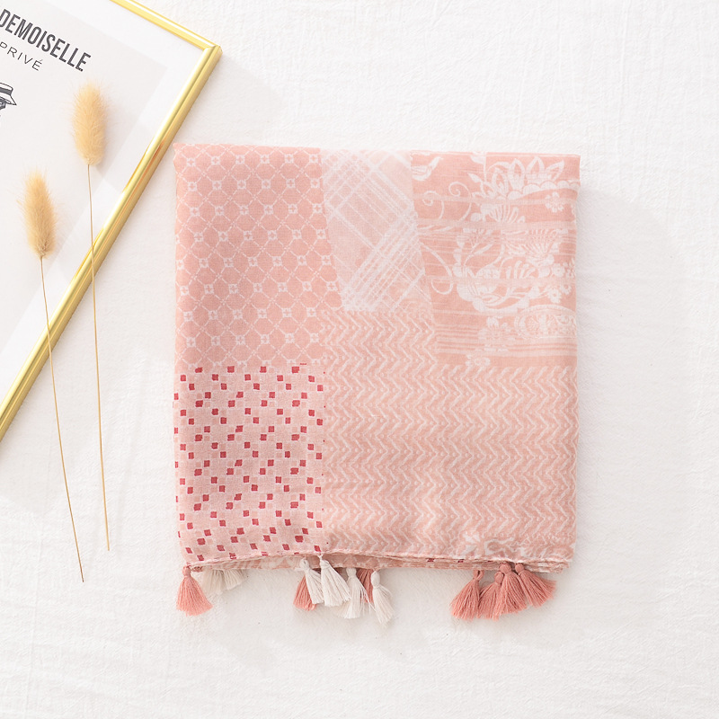 Estilo coreano japonés suave rosa geométrico floral bufanda de seda de algodón y lino sensación artística fresca bufanda de viaje Toalla de playa
