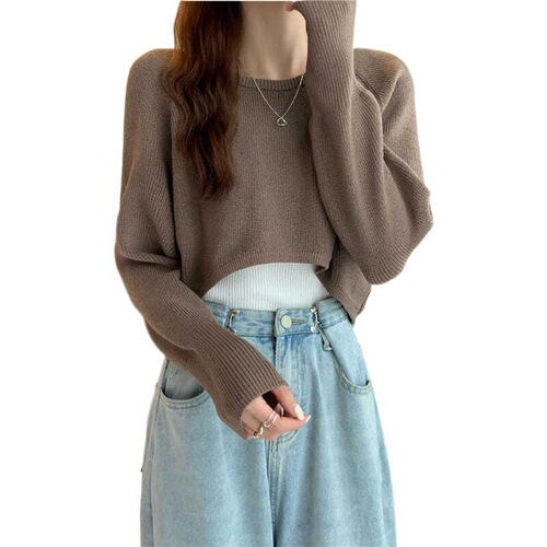 Loose Short-Sleeve Layered Crew Neck Knit Top for Women, Spring and Autumn Versatile Long-Sleeve Black Sweater