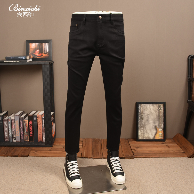 Autumn Black Casual Cropped Jeans for Men, Slim Fit, Stretchy, High-End Versatile Washed Casual Trendy Men's Pants Autumn Black Casual Cropped Jeans for Men, Slim Fit, Stretchy, High-End Versatile Washed Casual Trendy Men's Pants