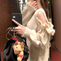 【乖妹速成】羊毛露肩抽褶系带针织衫女秋毛衣宽松氛围感上衣