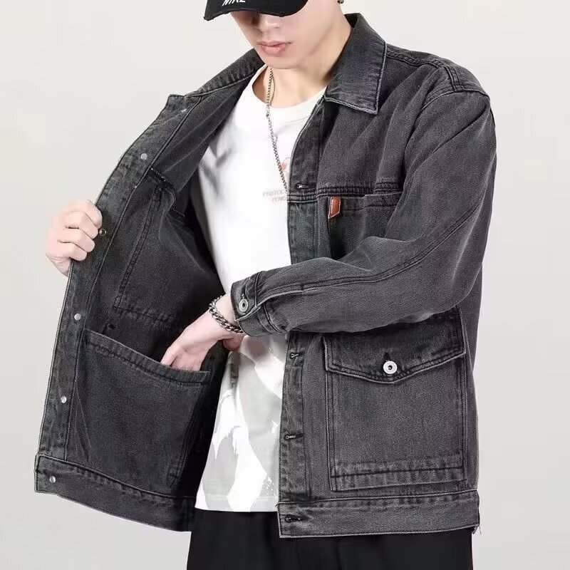 Spring and Autumn New Men's Denim Jacket Retro Handsome Korean Style Work Jacket Wear-resistant Jeans for Auto Repair Workers