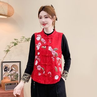 Ethnic Style Short Vest for Women's Mother Spring and Autumn New Style Vest Printed Cardigan Tang Coat with Buckle and Vic Jacket