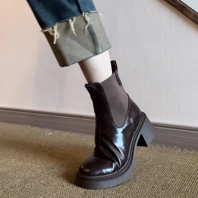 Autumn And Winter Retro Pleated Slim High-heeled Short Boots, Thick-soled Chunky Heel Black New Elastic Martin_vogvips.com