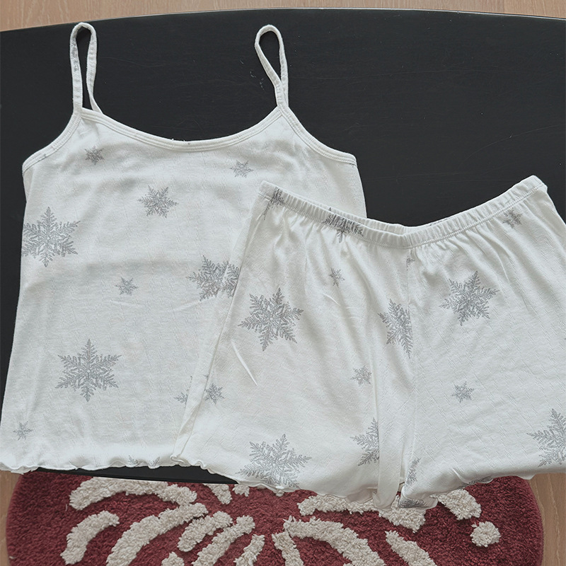 Skims Same Style Modal Snowflake Two-Piece Set Spring and Autumn Pajamas for Women Short-Sleeved Shorts Suspender Shorts Home Wear Summer