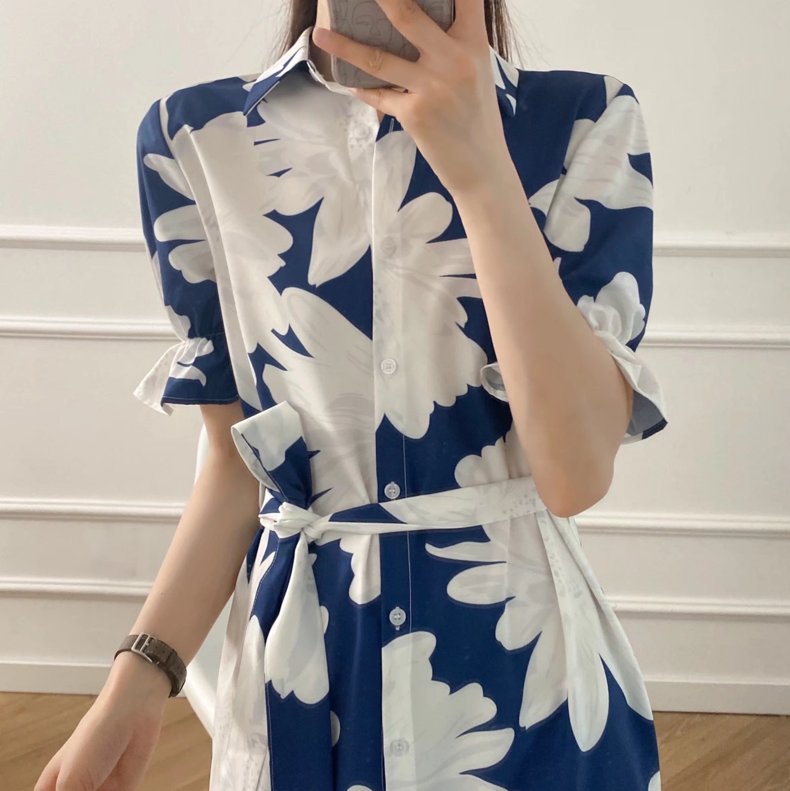 breasted big flower print lace-up Puff Sleeve Dress NSAM129026