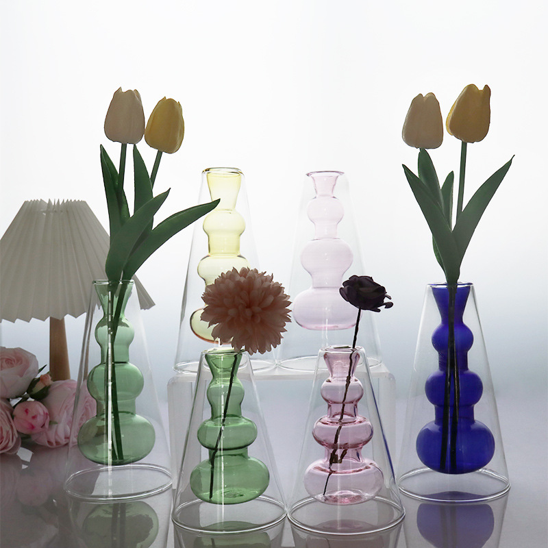 Colorido florero de cristal de doble capa de estilo europeo creativo decoración de la sala de estar hidropónico moderno minimalista flor olla hidropónica