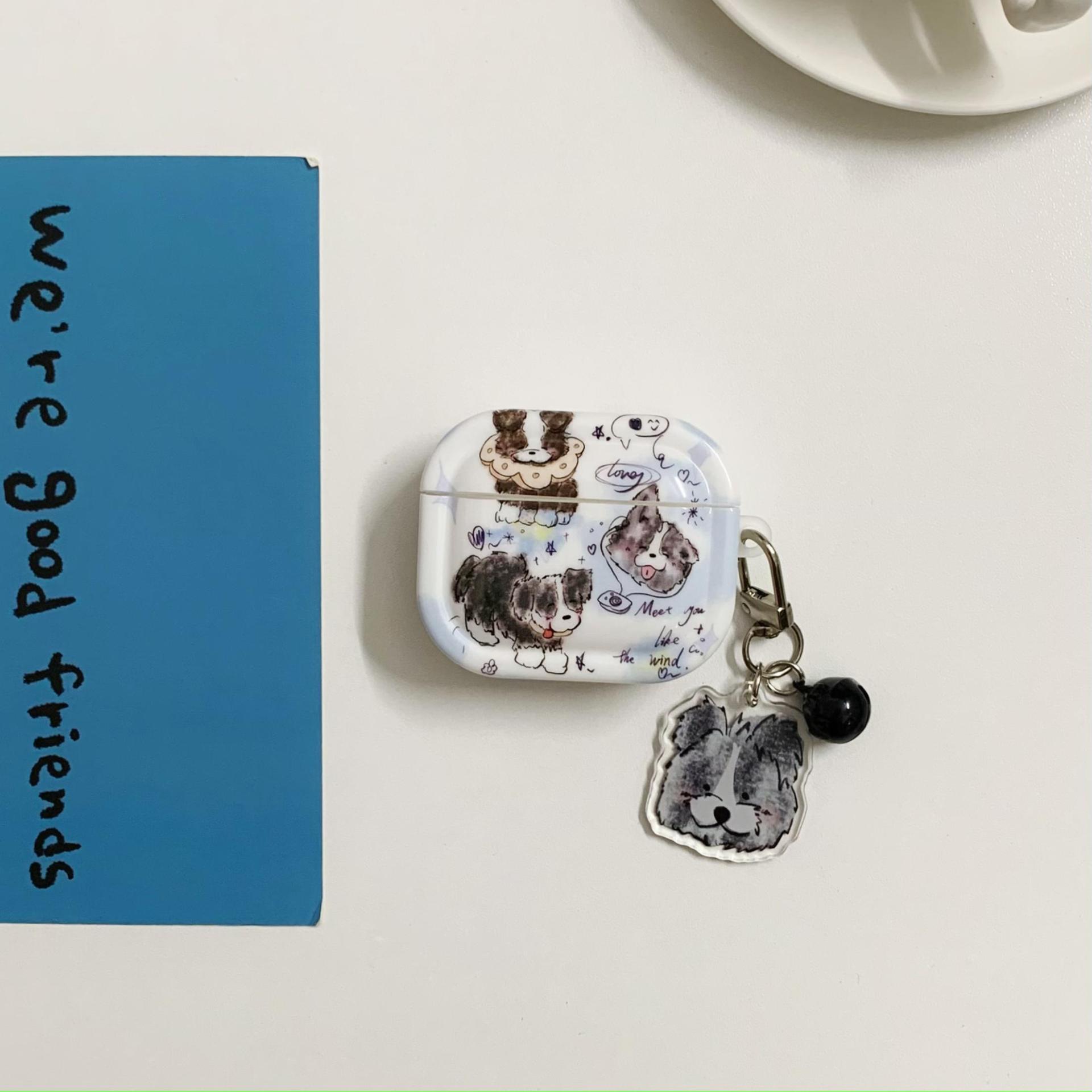 Ins divertidos dibujos animados graffiti borde pastor perro adecuado para AirPods 4 generación cubierta inalámbrica Bluetooth Apple 1/2 generación