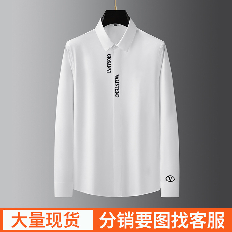 Camisa de manga larga de lujo ligero, sentido de alta calidad, delgado, productos europeos de alta gama, camisa de manga larga, puños de hombre, bordado en V redondo, lujo ligero, ropa de hombre guapa