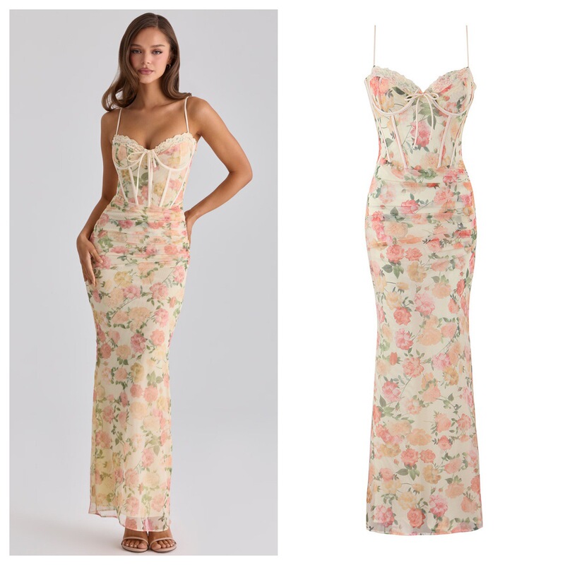 European and American Socialite Banquet Dress, Floral Suspender Dress, Exquisite and Charming Peach-Colored Corseted Waist Super Long Dress