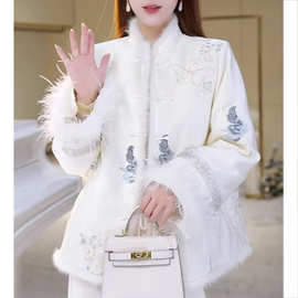 新中式国风气质百搭显瘦鸵鸟毛保暖棉服女冬季小个子减龄棉衣外套