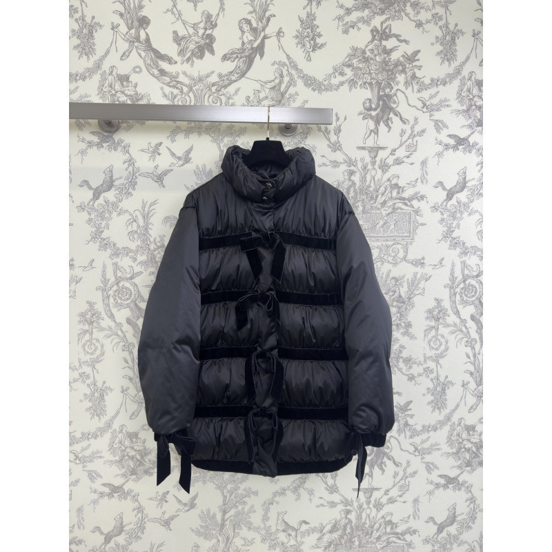 深圳南油货~25冬季新品小香风黑色蝴蝶结中长款羽绒服外套女