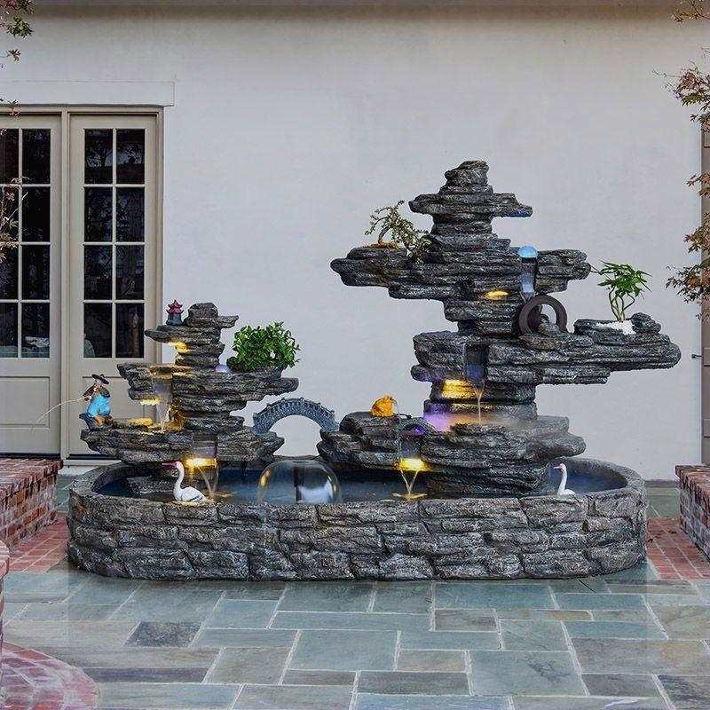 Large Rockery Water Fountain Decoration for Villa Courtyard Landscaping, Outdoor Water Circulation Fish Pond, Hotel Landscape, Multi-Layered Stone