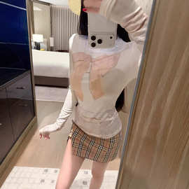南油女装26夏季蝴蝶结蕾丝印花长袖T恤女修身显瘦内搭打底衫上衣