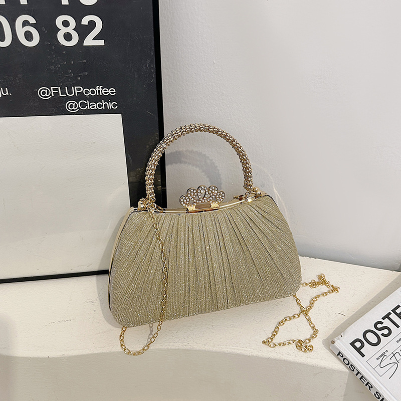 European and American Cross-Border Golden Glitter Pleated Chain Bag Evening Bag 2025 Women's Fashionable Elegant Hand Shoulder Bag European and American Cross-Border Golden Glitter Pleated Chain Bag Evening Bag 2025 Women's Fashionable Elegant Hand Shoulder Bag
