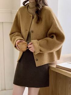 Round neck short double-sided wool coat for women 2024 winter Korean style loose temperament small fragrance style woolen coat Korean style