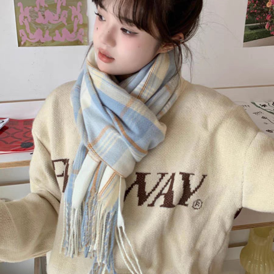 New Korean Style Fresh Blue Plaid Scarf Women's Winter Student All-match Cute Warm College Style Scarf Men's Fashionable Scarf