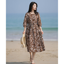 原创文艺旅行风苎麻女装夏季新款高织印花宽松气质减龄棉麻连衣裙