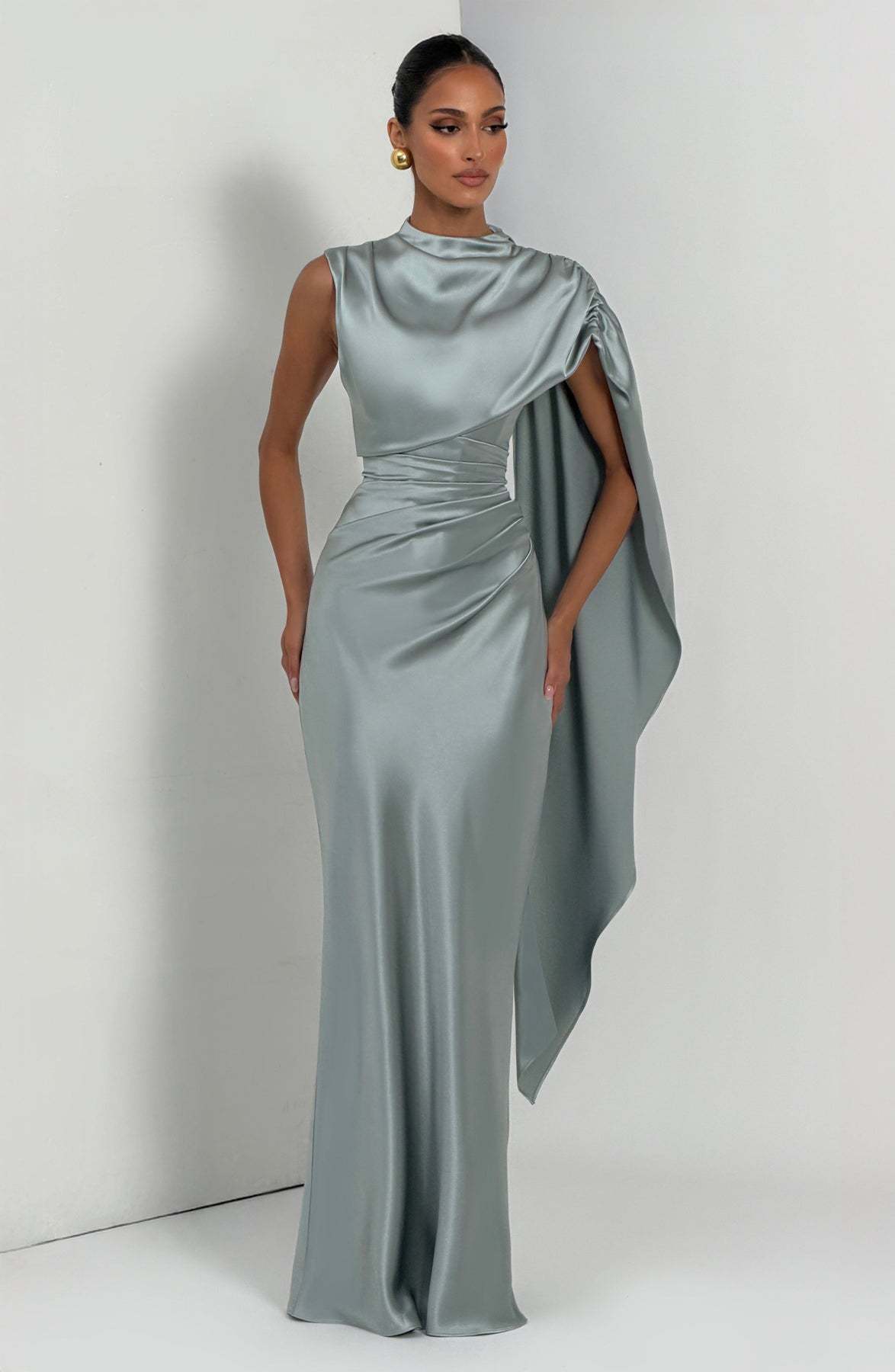 Women's Satin Turtleneck Dress With Ribbon Decoration For Evening_voghion.com