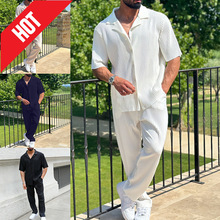 2025跨境欧美早春纯色运动男士套装 时尚休闲短袖长裤外贸两件套