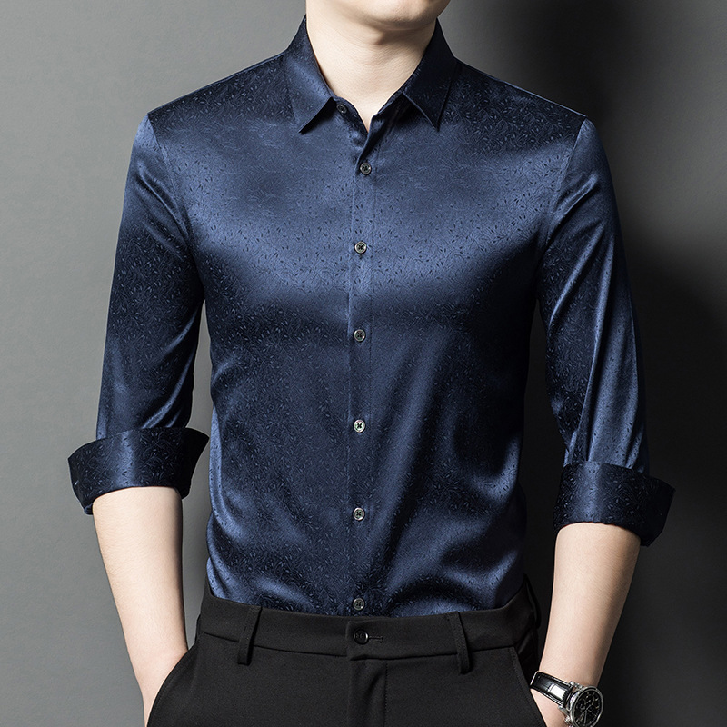 High-end silk shirt for men, spring long-sleeve mulberry silk shirt, casual business silk satin top for middle-aged men, trendy men's clothing High-end silk shirt for men, spring long-sleeve mulberry silk shirt, casual business silk satin top for middle-aged men, trendy men's clothing