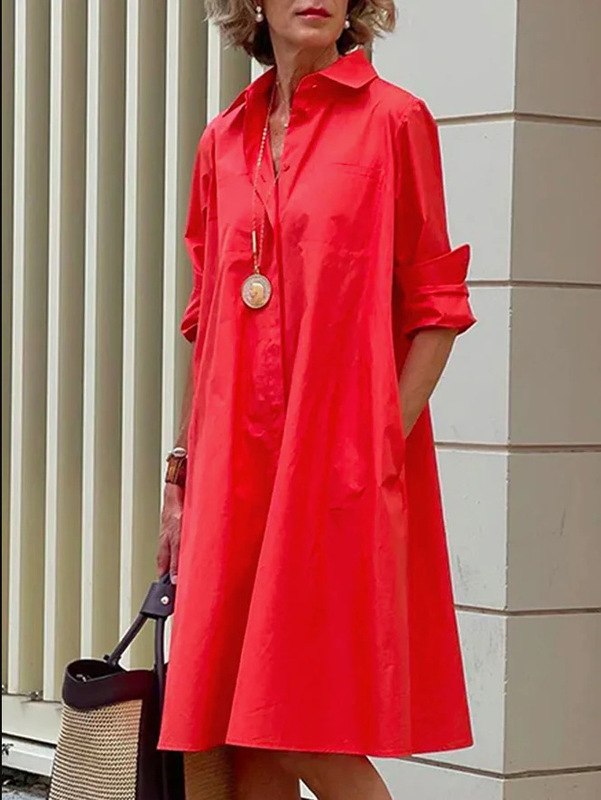 In Stock 1951 #   2022 Autumn European and American New Style Long-Sleeved Shirts, Solid Color Simple Mid-Length Dress