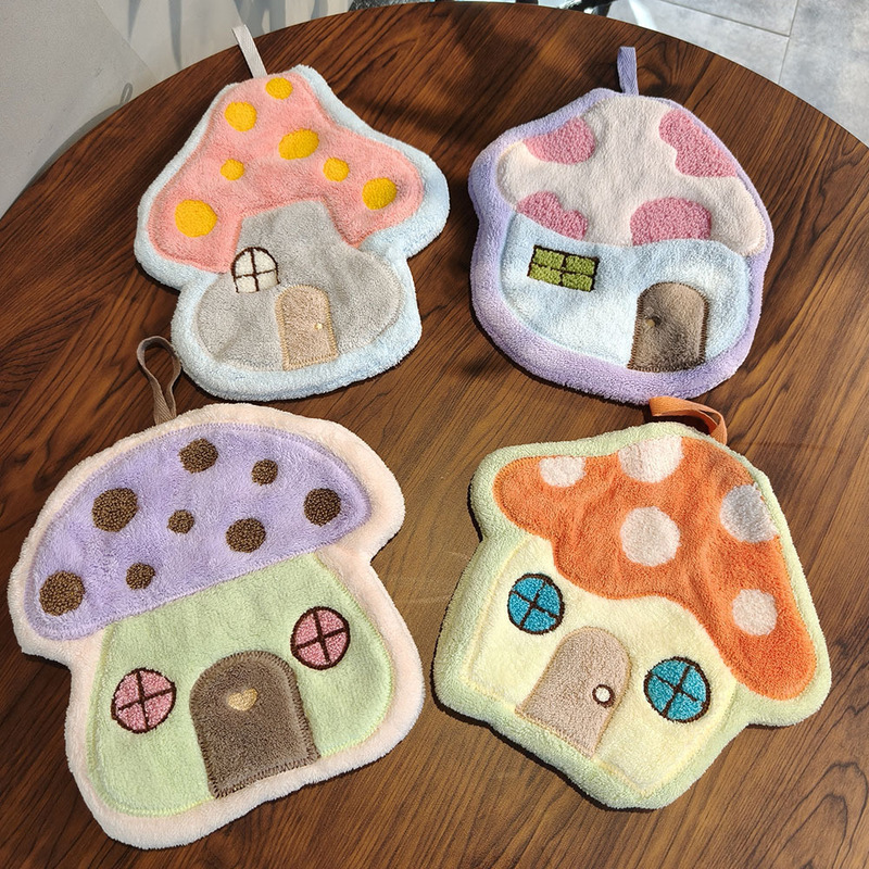 Cross-Border Supply Cartoon Mushroom House Hand Towel Bathroom Hangable Thick Absorbent Coral Fleece Children's Gift