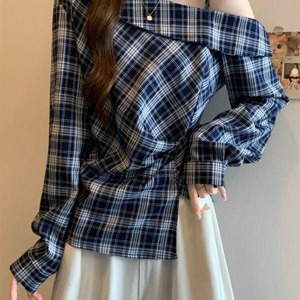大码女装遮肚子格子斜领不规则长袖衬衫女胖MM收腰显瘦露肩上衣女|undefined