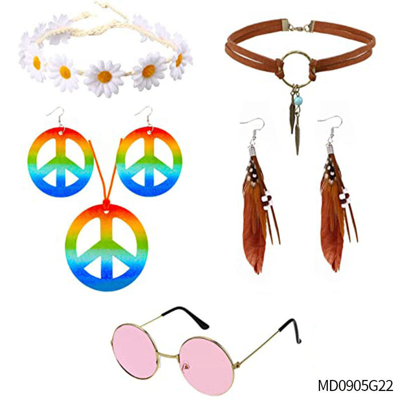 Accesorios de vestir hippies de la década de 1960, diadema de girasol, gafas redondas, conjunto de aretes de collar de talismán de paz