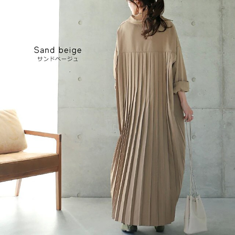 Spring Autumn Loose Overknee Dress Women Casual Large Version Back Pleated Long Shirt Dress