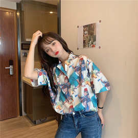 初夏新款韩版时尚印花港味复古泫雅风设计感碎花短袖衬衫女