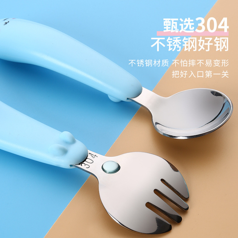 304ステンレスの子供の短い柄のフォークのスプーンの携帯セットの赤ちゃんの補助食の訓練のスプーンの赤ちゃんは食事の食器を学びます。|undefined