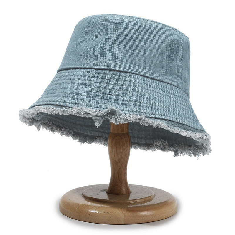 Cappello da pescatore in denim lavato semplice e versatile con bordo sfilacciato e parasole vintage_voghion.com